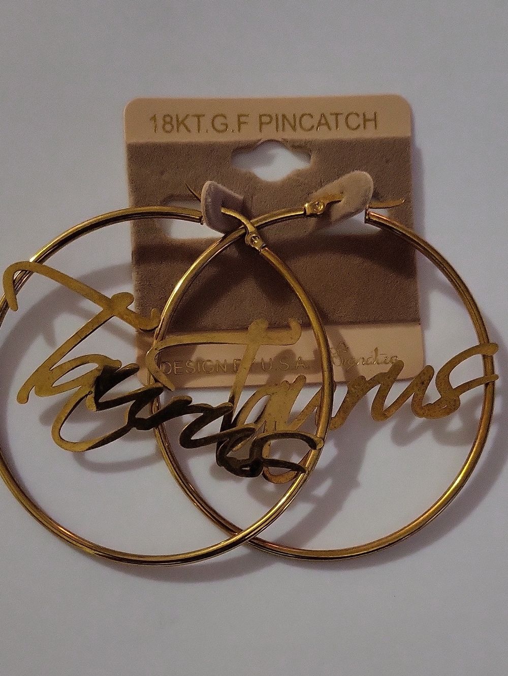 Pitchard 18k GF Gold Taurus Script Hoop Earrings